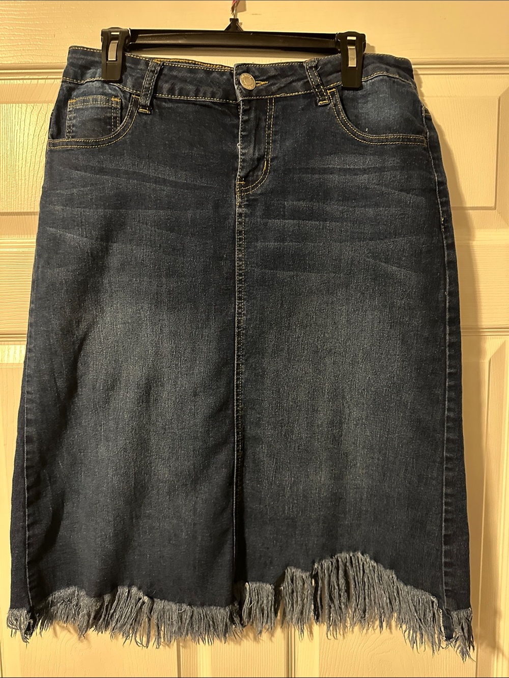 Denim Pencil Skirt with Frayed Hem - Dark Blue